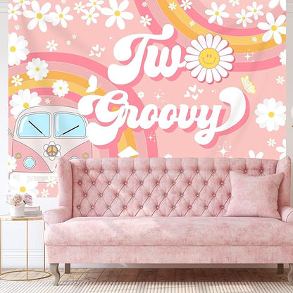 Two Groovy 2nd Birthday Backdrop for Girls Daisy Flower Boho Rainbow Photography Background Retro Hippie Peace Love Second Birthday Party Decorations Banner Supplies Photo Booth Props 7x5ft
