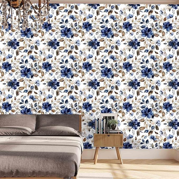Blue Floral Peel and Stick Wallpaper Modern Contact Paper Waterproof Botanical Flower Removable Self Adhesive Wallpaper for Bathroom Bedroom Living Room Cabinets 17.7"x212.6"