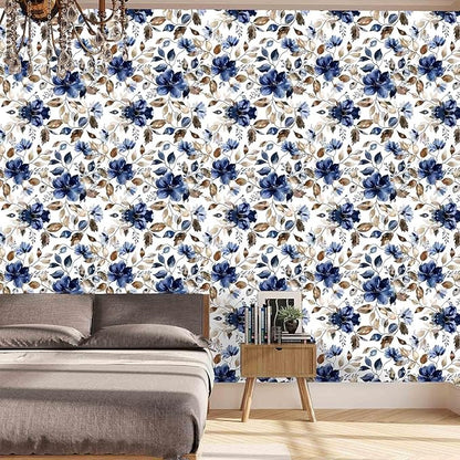Blue Floral Peel and Stick Wallpaper Modern Contact Paper Waterproof Botanical Flower Removable Self Adhesive Wallpaper for Bathroom Bedroom Living Room Cabinets 17.7"x212.6"