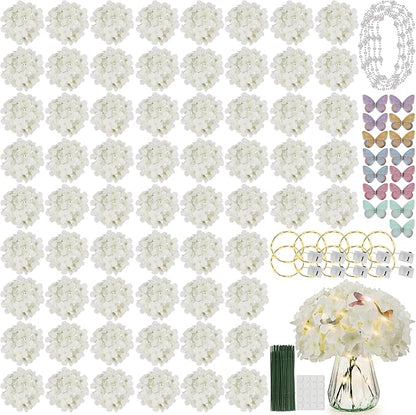 64PCS Artificial Hydrangea Flowers with Stems, Silk Hydrangea Heads with LED Decorative Lights, Crystal Strings & Butterfly Accents for Wedding Centerpieces and Home Decor(64, Ivory)