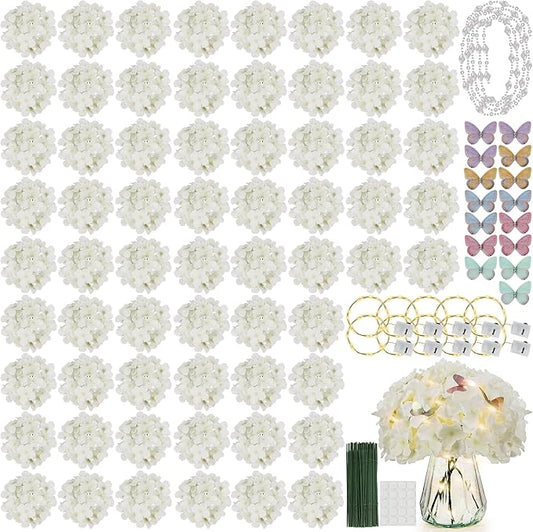 64PCS Artificial Hydrangea Flowers with Stems, Silk Hydrangea Heads with LED Decorative Lights, Crystal Strings & Butterfly Accents for Wedding Centerpieces and Home Decor(64, Ivory)