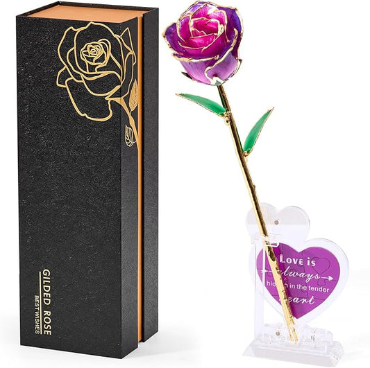 Mikasol Real 24K Gold Dipped Realistic Rose – Timeless Lifelike Bloom with Heart Puzzle Base – Romantic Purple Flower Gift for Her, Wife, Girlfriend, Mom – Birthday, Anniversary, Mother’s Day (Purple)