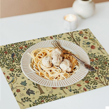 Vintage Trees Placemats Set of 6, William Morris Retro Boho Botanical Plant Birds Place Mats, Heat Resistant Non Slip Cotton Linen Dining Table Mats for Home Kitchen Party 18x12 Inch