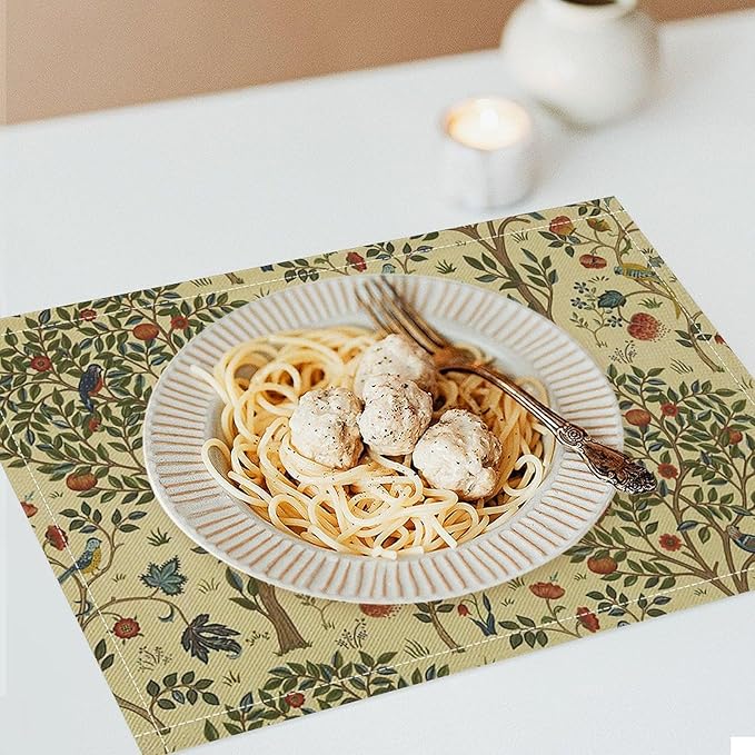 Vintage Trees Placemats Set of 4, William Morris Retro Boho Botanical Plant Birds Place Mats, Heat Resistant Non Slip Cotton Linen Dining Table Mats for Home Kitchen Party 18x12 Inch