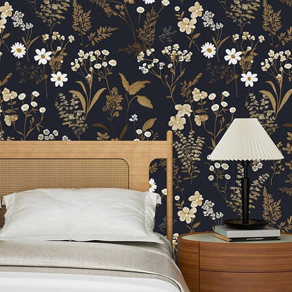 Dark Floral Wallpaper Peel and Stick 17.5in x 118in Navy Gold Leaf Wallpaper Vinyl Waterproof Self-Adhesive Boho Dark Blue Botanical Wall Paper Mural for Bookcase Bedroom Cabinet Decor