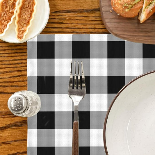 Buffalo Check Placemats Set of 4 Black and White Dining Place Mats Linen Table Mat for Farmhouse Home Kitchen Decor 12 X 18 Inch