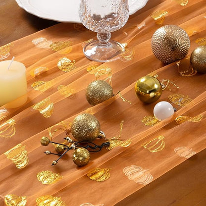 Socomi Gold Table Runner Fall Pumpkin Gauze Sheer Chiffon Cheesecloth Sequin 10FT Glitter Metallic Foil Dining Wedding Birthday Party Baby Shower Holiday Centerpiece Table Decor Orange