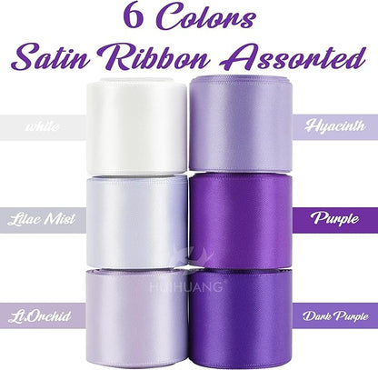 HUIHUANG Purple Ribbon 1-1/2 inch Lilac Purple and White Satin Ribbon Assorted for Flower Bouquet, Gift Wrapping, Bows, Crafts, Eternal Flowers, Bridal Shower Wedding Decor- 6 Rolls, Total 30 Yards
