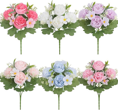 6 Color Rose Peony Artificial Flowers UV Resistant Fake Flowers for Outdoor Garden Decor Wedding Bouquets Home Decoration Porch, Patio Table Centerpiece