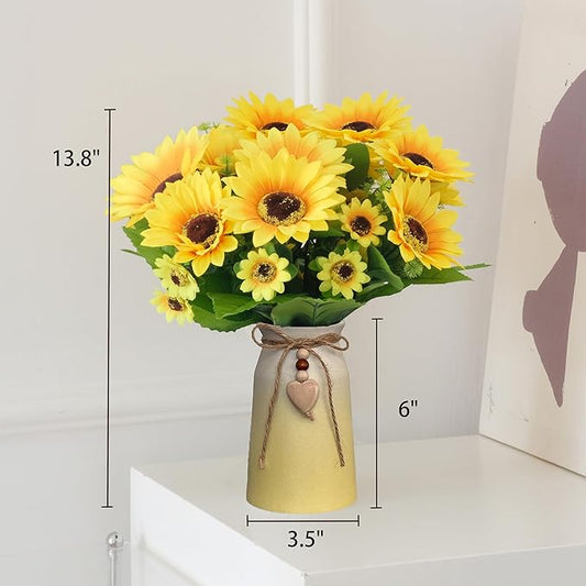Artificial Sunflower Arrangement in Ceramic Vase – Fake Silk Sunflowers Table Centerpiece Decoration, Stylish Artificial Flowers with Vase for Home Table Dining Room