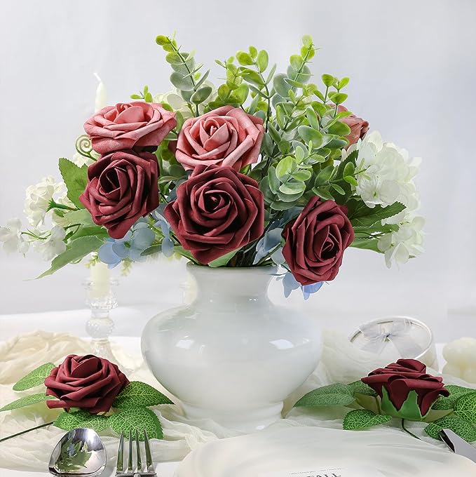 Meldel Artificial Flower 25pcs Real Touch Burgundy Rose Fake Foam Roses with Stems for DIY Wedding Bouquets Gifts Bridal Shower Faux Floral Centerpieces Arrangements Home Party Tables Decorations