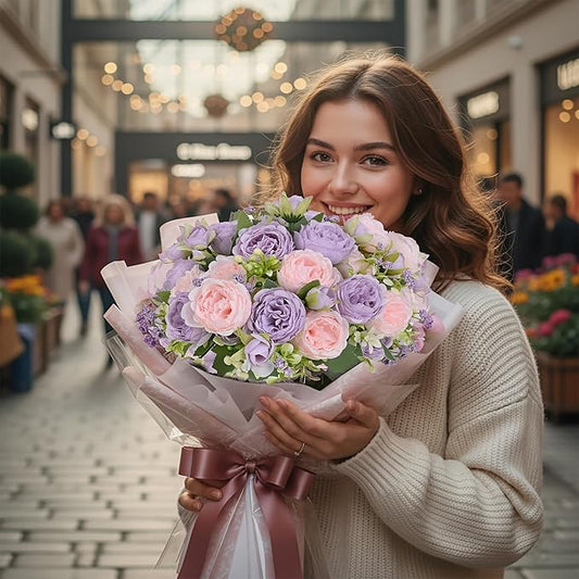Peonies Artificial Flowers 12 Bundles Pink Flowers Bouquet, Lifelike Silk Fake Peonies with Stems for Home Table Centerpieces, Wedding, Party & DIY Bridal Floral Arrangements (Light Purple)