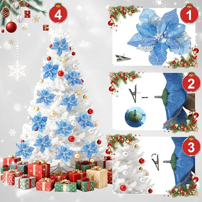 24 Pcs Christmas Poinsettia Flowers Artificial with Clips, 5.9" Christmas Decor Glitter Poinsettia Flowers for Christmas Tree New Year Wedding Party Wreath DIY Garland Decor (Blue)