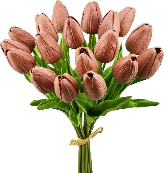 Mandy's Artificial Tulips 20 Stems Mauve PU Faux Flowers for Thanksgiving and Christmas Decorations Wedding Home Decor 13.5 Inch