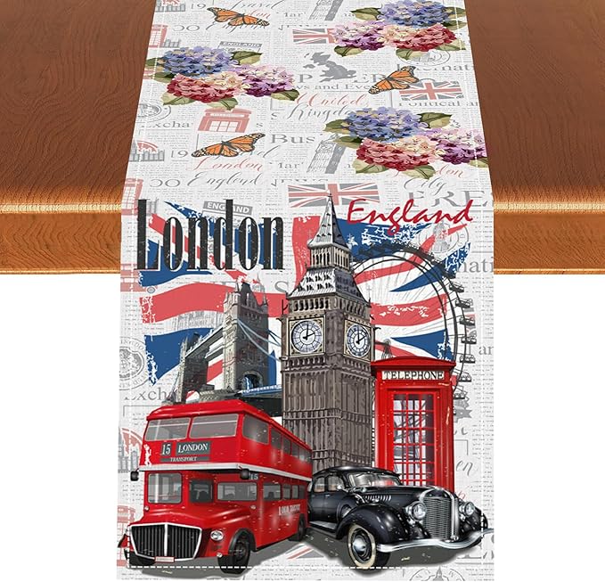 British Table Runner, Seasonal Vintage Floral England London Culture Element Coffee Table Center Decor for Home Kitchen Dining Patio Holiday Party Table Decorations 13x90 inches
