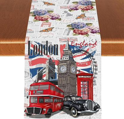 British Table Runner, Seasonal Vintage Floral England London Culture Element Coffee Table Center Decor for Home Kitchen Dining Patio Holiday Party Table Decorations 13x72 inches
