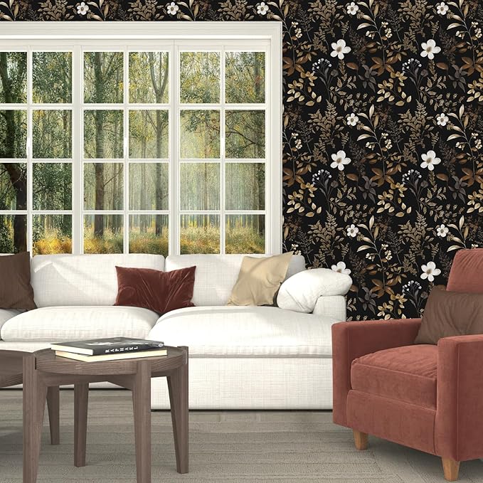 Boho Floral Wallpaper Peel and Stick Black Gold Wallpapers 17.5'' x 393'' Vintage Gold Leaf Contact Paper for Cabinets Waterproof Self Adhesive Removable Wall Paper for Kitchen Table Countertop Walls