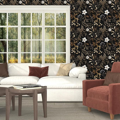 Boho Floral Wallpaper Peel and Stick Black Gold Wallpapers 17.5'' x 393'' Vintage Gold Leaf Contact Paper for Cabinets Waterproof Self Adhesive Removable Wall Paper for Kitchen Table Countertop Walls
