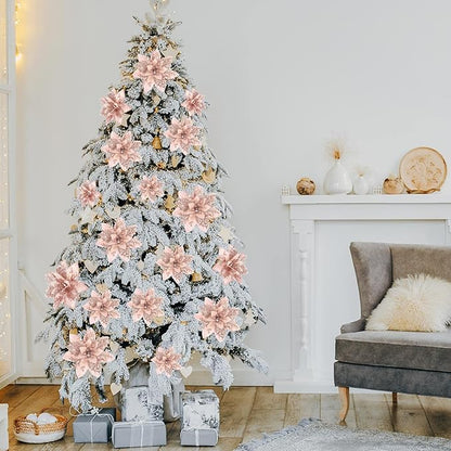 Geosar 24 Christmas Glitter Artificial Poinsettia Flowers Xmas Poinsettia Artificial Wedding Flowers Decorations Xmas Tree Ornaments with Clips for Party Favors, 6 Inch, 4 Inch, 3 Inch (Rose Gold)
