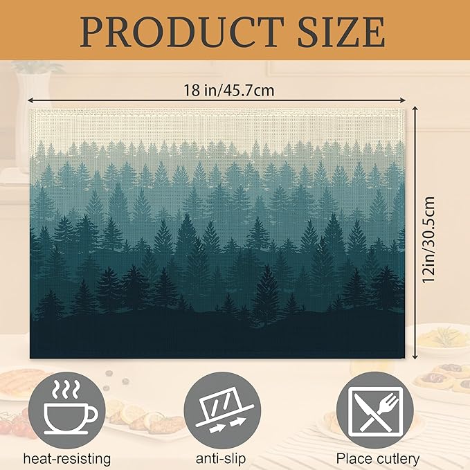 Misty Forest Placemats Set of 6,Washable Heat Resistant 12×18 Inch Linen Table Mats Natural Landscape Place Mats for Party Outdoor Dining Décor