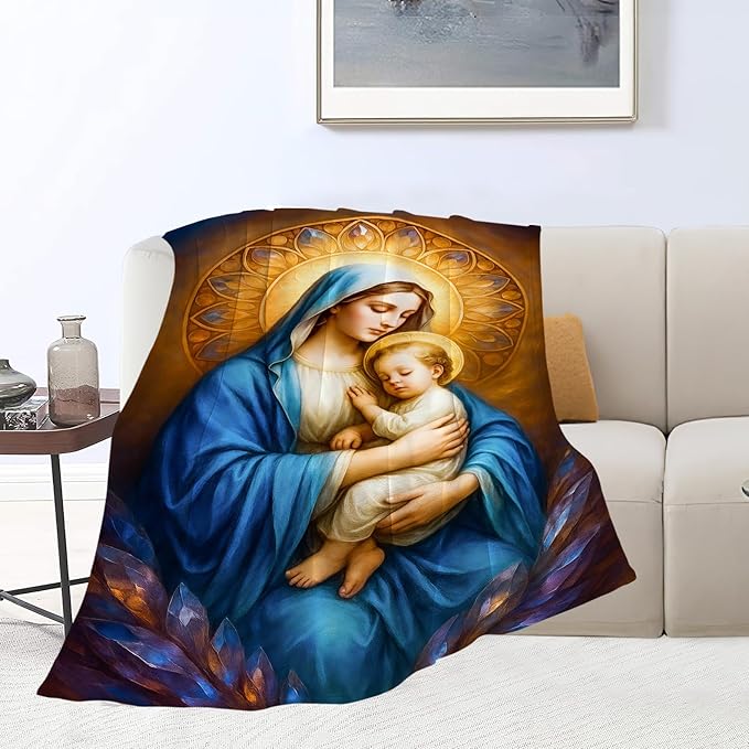 Virgin Mary Blanket Mother of God Throw Blanket Catholic Religious Soft Cozy Fleece Fuzzy Christian Stuffed Plush God Faith Flannel Gifts for Girls Women Boys Kids Adults 40''x50''