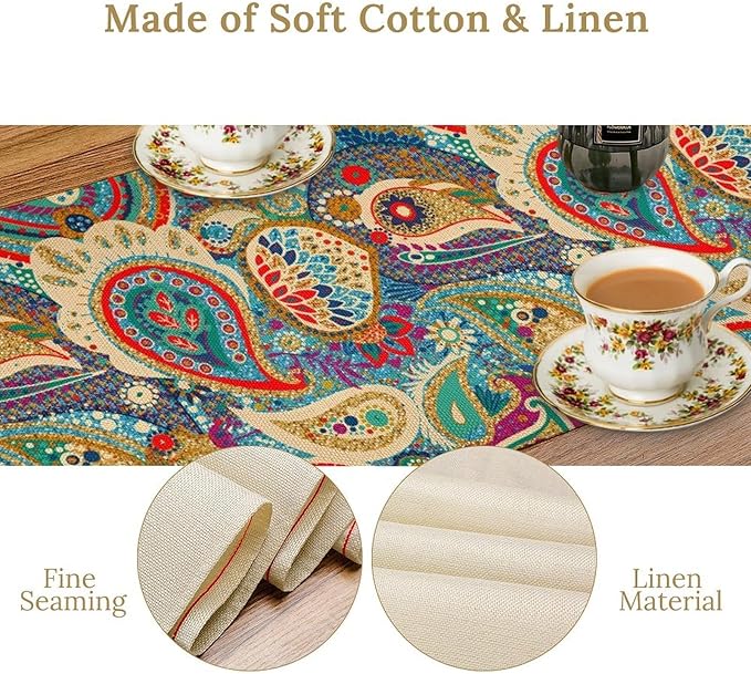 Boho Paisley Table Runner, Colorful Indian Mandala Floral Golden Aeccent Bohemian Style Table Runnner for Kitchen Dining Holiday Party Decoration, 13x120 Inch
