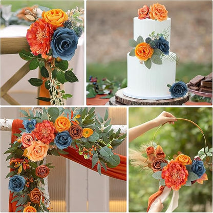 AmyHomie Teal Orange Artificial Flowers Combo Silk Mix Peony Rose Fake Flowers w/Stem for DIY Wedding Bouquets Centerpieces Arrangements Table Fall Decor Party Bridal Baby Shower Home Decorations