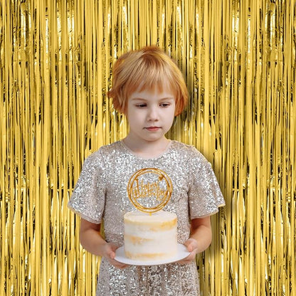 2 Pack Gold Foil Fringe Backdrop Curtains, Tinsel Streamers Birthday Party Decorations, Fringe Backdrop for Graduation, Baby Shower, Gender Reveal, Disco Party