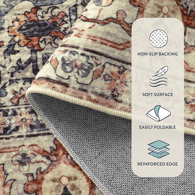 Lahome Oriental Washable Round Area Rug, Non-Slip Round Rugs 6ft Ultra-Thin, Soft Large Throw Circle Carpet for Living Room Bedroom Kitchen Nursery, Peach/Orange