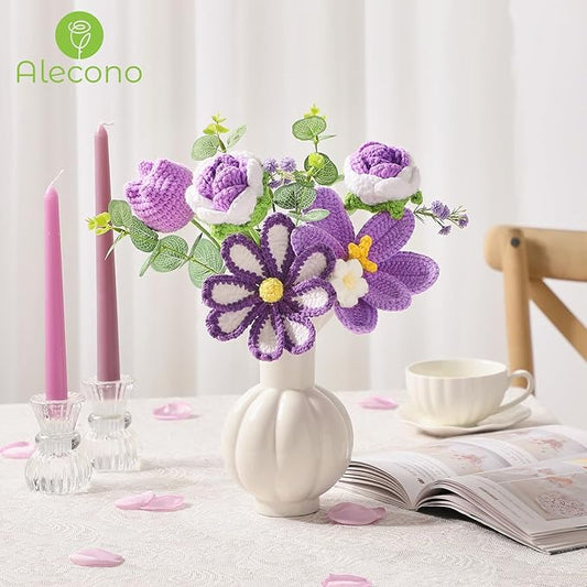 Alecono Crochet Flower Bouquet, Purple Knitted Flowers, Crochet Tulip Galsang Flower for Lover Anniversary Birthday Party Mother's Day Graduation Gifts (Include Card)