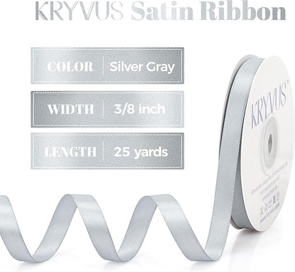 Silver Gray Satin Ribbon, Double Faced 3/8 Inch X 25 Yards Silver Gray Ribbon, Premium Satin Ribbon for Gift Wrapping, Crafts, Hair Bow Making, Sewing, Flower Bouquet, Wedding Party Decor