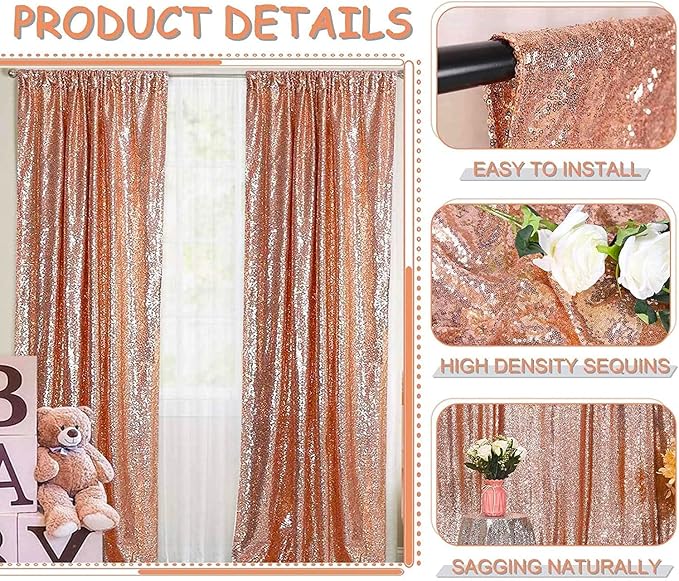 Rose Gold Sequin Backdrop 10FT x 10FT Panel - Glitter Drape Curtains for Decoration - Sparkly Photography Background