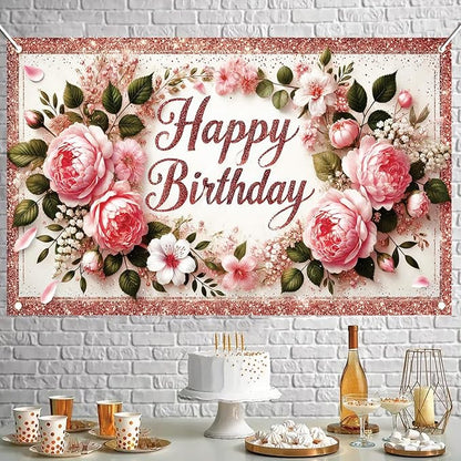Happy Birthday Backdrop Rose Gold Glitter Peony Floral Banner Birthday Party Decorations Photography Background for Women Girls Wedding Baby Shower Decor Photo Booth Supplies 6x4ft
