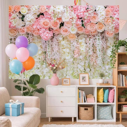 5x3ft Pink Rose Flower Wedding Photography Backdrop Spring Floral Photography Backdrop Valentine's Day Mother's Day Girl Birthday Baby Shower Wedding Bridal Party Banner Photo Booth Props Background