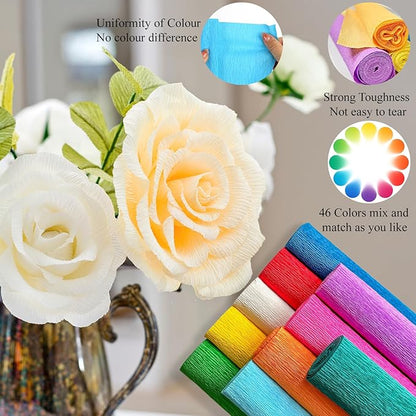 46 Colors Crepe Paper Rolls, 10 x 98 Inch Wide Crepe Paper Flowers Kit with 100 Pcs Floral Iron Wire, Floral Band, Double-Sided Tape, and Scissors for DIY Gifts, Parties, Weddings, Festival Decoration
