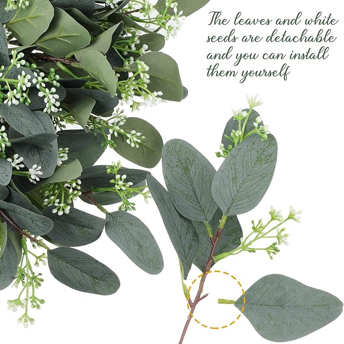 Janinka 75 Pcs Mixed Eucalyptus Leaves Stems Bulk Artificial Eucalyptus Leaves with White Seeds Artificial Silver Dollar Sprays Faux Oval for Floral Wreath Bouquets Wedding Greenery Decoration