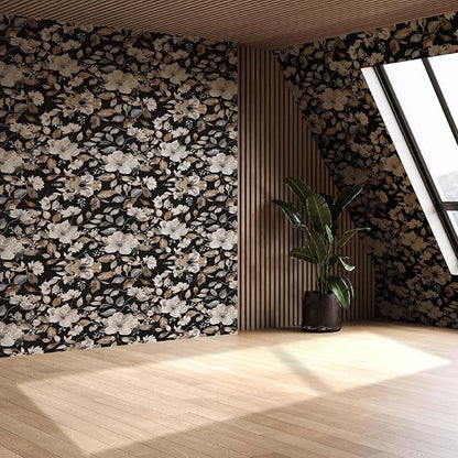 Vintage Dark Black Floral Peel and Stick Wallpaper Modern Botanical Flower Waterproof Removable Self Adhesive Vinyl Contact Wall Paper for Farmhouse Bathroom 17.7" X 354" Roll