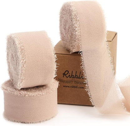 Ribbli Beige Ribbon 1 Inch x 3 Rolls Total 24 Yards Natural Handmade Fringe Chiffon Silk Ribbon for Wrapping Wedding Invitations Bridal Bouquets DIY Crafts Home Decor