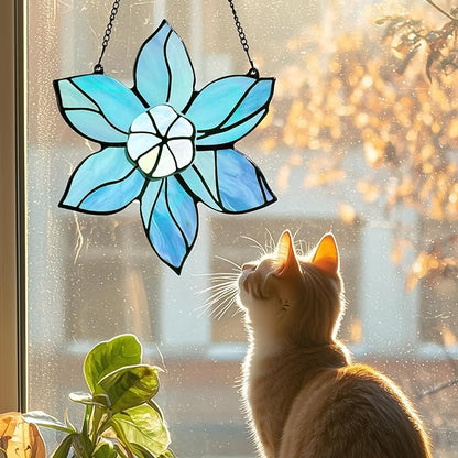 Stained Glass Window Hanging - Blue Christmas Flower Suncatcher for Doors Garden Kitchen Floral Sun Catchers Home Decor Birthday Holiday for Women Aunt Mom Nana Gardener