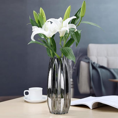 Black Grey Glass Vase with Modern Ribbed for Flowers, Candles, and Decorative Accents - Tall/Short Glass Vase for Centerpieces Home Table Decor(Grey H7.87inch)