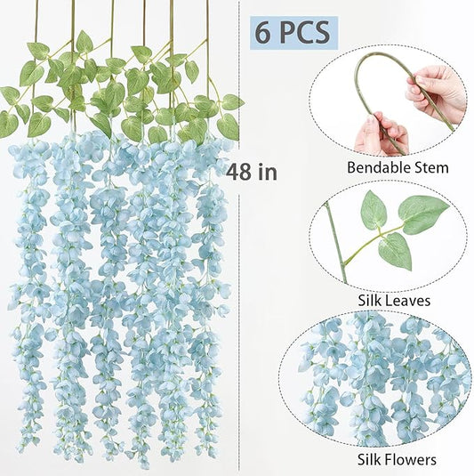 mizii 6Pcs Grey Wisteria Hanging Flowers 48" Silk Wisteria Artificial Flowers Garland Vines Fake Hanging Flowers Decoration for Wedding Flower Wall Backdrop Centerpieces Party Room Decor (Grey)