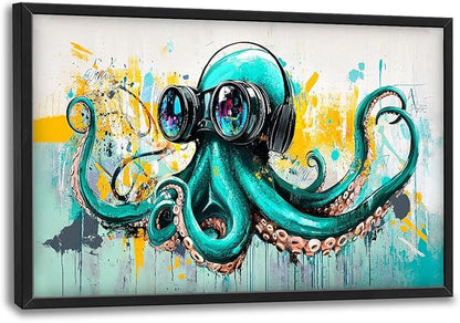 Ocean Octopus Large Wall Art Nautical Pictures Wall Decor Green Canvas Octopus Print Painting Modern Artwork Home Decoration for Living Room Bathroom Bedroom Office Framed 36"x24"