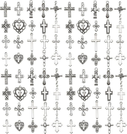 WOCRAFT 60pcs Antique Silver Cross Bracelet Charms for Jewelry Making Sets DIY Necklace Bracelet Keychain Crafting Charms Kit Craft Supplies (SN905)