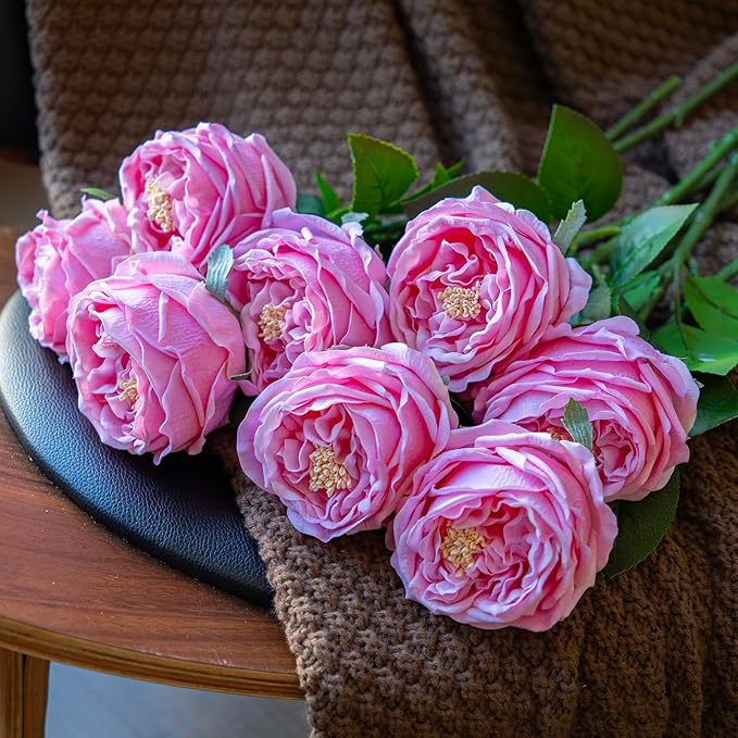 Fake Flowers for Decoration Home Decor Real Touch Artificial Flowers Austin Rose Peony Latex Fake Flower Living Room Decoration Vivid Pink Roses Peonies (Pink 4pcs)