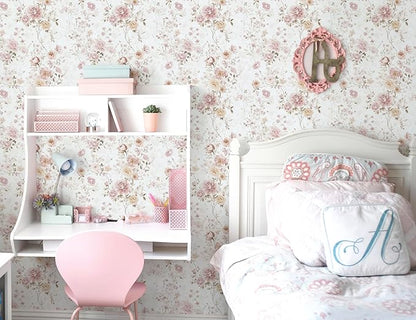 Vintage Floral Peel and Stick Wallpaper Pink Vintage Contact Paper 17in×118in Pink Rose Wallpaper Self Adhesive Removable Boho Wall Paper Waterproof for Bathroom Bedroom Decorative Vinyl Roll