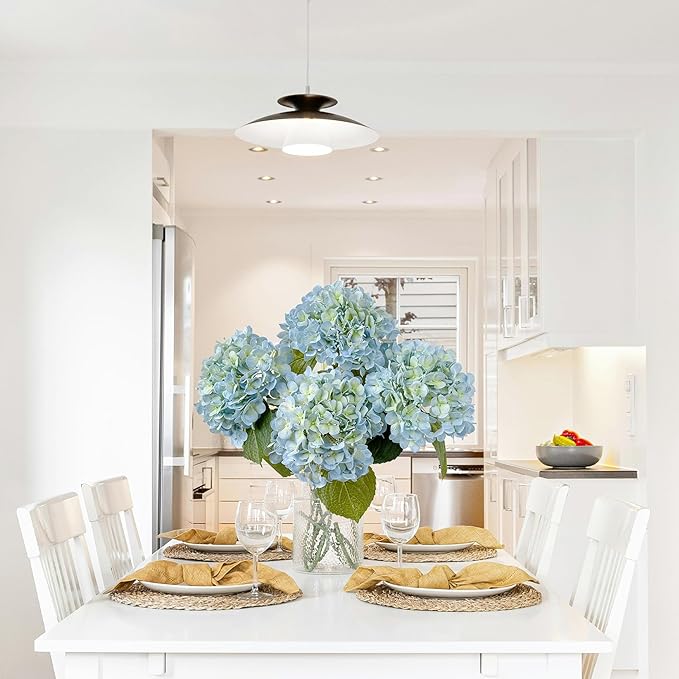 4 Pcs 20'' Real Touch Hydrangeas Light Blue Artificial Hydrangeas Flowers Faux Latex Hydrangea for Kitchen Living Room Porch Home Decor Baby Shower Party Wedding Table Centerpiece