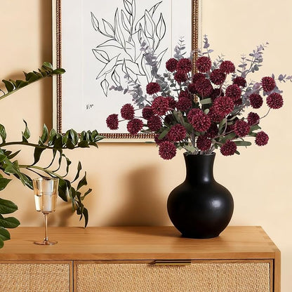 Burgundy Pompon Mum Artificial Flowers with Eucalyptus – 10 Bundles Fake Silk Flowers for Vase , 21’’ Long Stems for Christmas Table Centerpieces, Winter Floral Arrangements & Rustic Home Décor