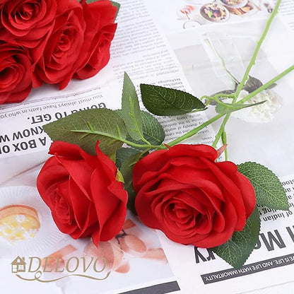 52pcs Red Roses Artificial Flowers Red Fake Flowers Silk Roses with Stems for DIY Wedding Bouquets Bridal Shower Centerpieces Arrangements Party Decorations