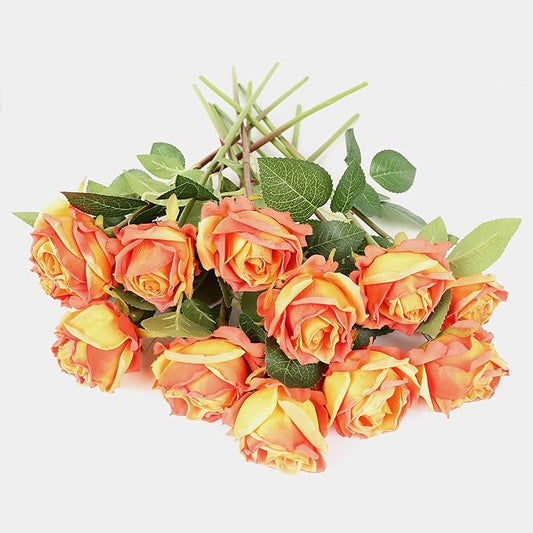 IPOPU Artificial Flowers Heads Bulk 12pcs Artificial Roses Heads Sunset Fake Flowers Bulk for Silk Flower Arrangements Rustic Wedding Decor Bridal Shower Decorations (Sunset)