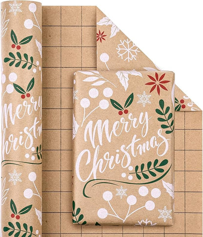 WRAPAHOLIC Kraft Christmas Wrapping Paper - Mini Roll - 17 Inch x 33 Feet - Merry Christmas Wrapping Paper with Leaves Design for Holiday, Party Celebration